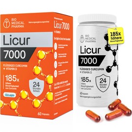 Bio Medical Pharma Kurkuma Kapseln mit Vitamin D3 C 185x H?here Bioverfgbarkeit C Hochdosiertes Mizellen Curcumin C 1 Kapsel T?glich C Entspricht 6.600 mg Kurkuma Pulver C Licur 7000 mit Vitamin D (2 Monatspackung)