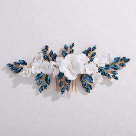 Xerling White Flower Blue Rhinestone Hair Comb Bridal Wedding Floral Side Comb Women Hair Accessories Headpiece Head Jewelry for Brides Prom Gift (Gold Peacock Blue)