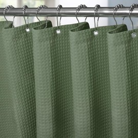 Waffle Shower Curtain with Metal Shower Curtain Rings Fabric Textile Bath Curtain Anti Mould Bathroom Curtain Set Waterproof Bath Curtain Heavy Shower Curtain Bathroom - 152 x 182 cm (Green)