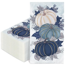 FYSUIMU 100Pcs Fall Guest Napkin Blue Pumpkin Leaves Disposable Paper Napkins Rustic Dinner Hand Napkin for Thanksgiving Harvest Bathroom Supplies