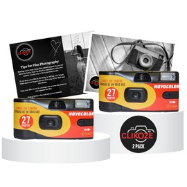 Disposable Camera Bundle with Novocolor APM401010 Single-Use Film Cameras with 27 Exposures x2 and Clikoze Disposable Photography Tips Card