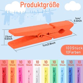 Jeffbaubl Pack of 100 Wooden Clothes Pegs, 7.1 cm Coloured Clothes Pegs, 10 Colours, Decorative Pegs, Small Wooden Pegs, Wooden Clothes Pegs for Photos, Photo Wall, Clothespins, DIY Crafts
