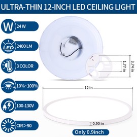 Glowall 12'' Led Flush Mount Ceiling Light Fixture, 24W 2400LM, Dimmable & 3000K/4000K/6500K Selectable, Modern White Ceiling Lamp for Bedroom, Kitchen, Home Office, Hallway, Wired