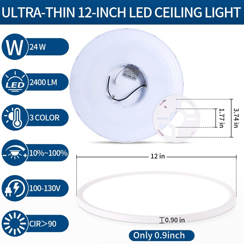 Glowall 12'' Led Flush Mount Ceiling Light Fixture, 24W 2400LM,