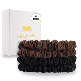 HAARallerliebst® 4er-Set 100% dünne Seide Scrunchie Haargummis mit Pappschachtel, Haargummi für jeden Tag, Haarpflege Scrunchies, ohne Haarschäden (schwarz braun, dünn)