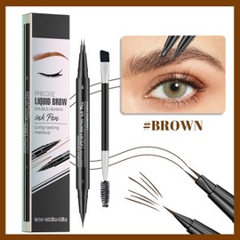 2PCS Dual-Ended Eyebrow Pen and Brush, Waterproof, Smudge-Proof, Microblading Effect, Create Full and Natural Brows, Long-Lasting(Brown+Dark Brown)