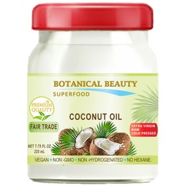 Botanical Beauty COCONUT OIL FAIR TRADE 100% Pure. EXTRA VIRGIN UNREFINED RAW COLD PRESSED. 7.75 Fl.oz – 225 ml.