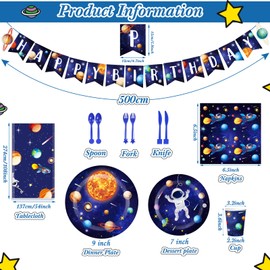 Outer Space Birthday Party Supplies Serve 24 Space Party Tableware Set Including Happy Birthday Banner Solar System Tablecloth Paper Plates Cups Napkins Knives Forks Spoons for Kids Party Decoration