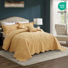 HZ & HY Oversized King Bedspread 128x120 Extra Wide, Quilted Coverlet Bedding Set, Lightweight Thin Comforter, Reversible, Luxurious, 5 Piece, 100% Microfiber, King/Cal King, Honey Gold