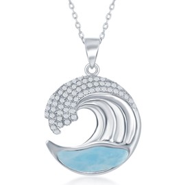 Beaux Bijoux Sterling Silver High Polish Micro Pave Cubic Zirconia Wave Design Natural Larimar 18" Pendant Necklace