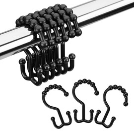 Amazer Plastic Shower Curtain Hooks, Black Shower Curtain Hooks Rings, 12PCS Shower Hooks for Shower Curtain, Double Shower Curtain Hooks, Bathroom