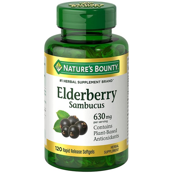 Nature's Bounty Sambucus Elderberry Herbal Supplement, for Immune Support Rapid Release Softgels, 630 mg per Serving, 120 Count