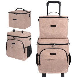 Cooler Bag Wheeled Double，Large Removable Insulated Rolling Cooler Collapsible Leakproof Portable Ice Packs for Camping Picnic Beach Travel（Khaki）
