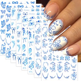 8 Sheets Flowers Nail Stickers for Nail Art Summer Nail Decals 3D Self-Adhesive Blue Floral Vine Nail Design Summer Jellyfish Starfish Bow French Line Nails Supplies for Women Girls DIY Nail Art Decor