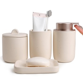 BosilunLife Ceramic Bathroom Accessories Sets - Apricot Bathroom Vanity Sets Accessories Soap Dispenser Toothbrush Holder Set, Soap Dish and Cotton Swab Jars, Bath Accessories Sets for Bathroom