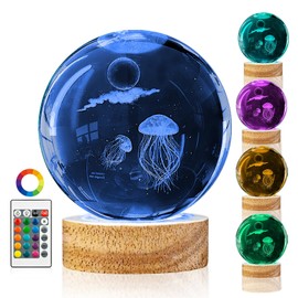 3D Jellyfish Crystal Ball Night Light With 16 Color Led Wooden Base Large 3.15 Inch Jellyfish Glass Ball Lamp with Remote for Birthday Christmas, Cool Jellyfish Decor Gifts for Boys Girls Kids