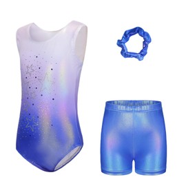 Gymnastics Leotards Set For Girls - with Shorts and Headband Gradient Color Sparkling Ballet Dancing Unitards Gymnastics Outfit for 5-12 Years (BLUE-SHORT, Tag 8A(7-8 Years))