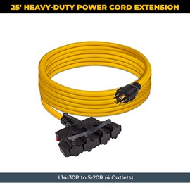 Firman 1120 Firman Power 1120 Cord - 25 ft., 10AWG with Circuit Breaker, 30 Amps/250 Volts, L14-30P to 5-20R (4), 1 Pack