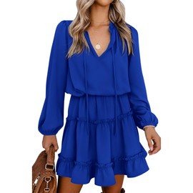 BTFBM Long Sleeve Fall Dresses for Women 2025 Summer Casual Tie Neck Ruffle Tiered A Line Wedding Guest Short Mini Dress(Long Sleeve Bright Blue, Small)