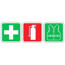 (x3) First Aid Kit/Fire Extinguisher/Life Vest Vinyl Decals Stickers (6" x 6")