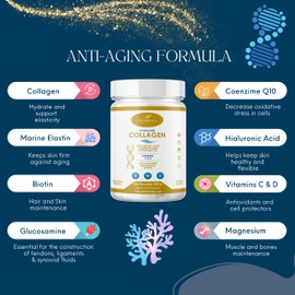 Hydrolyzed Collagen + Marine Elastin Peptides + Hyaluronic Acid + Coenzyme Q10 + Glucosamine + Biotin + Vitamin C & D and Magnesium - Strong Joints and Cartilage, Smooth Skin and Energy | 420 g