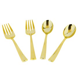 Blue Sky Disposable Gold Serving Spoon and Forks Set | 4 Count (2 - Serving Spoons & 2 - Serving Forks) - Perfect for Parties and Events