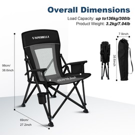 Superrella Camping Chair Portable Folding Lawn Chair Comfortable Hard Arm Sturdy for Family Camp, Outdoor, Sports, Beach, Travel, Support 400 lbs, Black&Grey