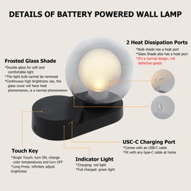 Angestlite Battery Operated Wall Sconce Set of 2, Small Magnetic Rechargeable Battery LED Sconce Light, Globe Glass Wall Lamp 3 Color Lighting Dimmable Wall Mounted Night Light for Bedroom, Black