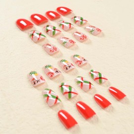 Cubahop 24 x Christmas Nails, Short Oval Fake Nails, Red Elk, Forest, Snowflakes, Crutch, False Nails, Snowman Press on Nails for Women and Girls (D)