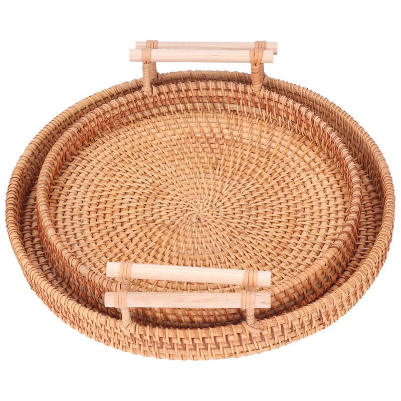 2PCS Hand Woven Rattan Tray Round Serving Tray Tea Fruit