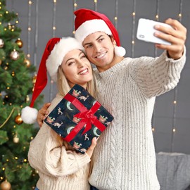 SaringSwoon Dinosaur Christmas Wrapping Paper for Boys Girls Kids - Blue Xmas Gift Wrapping Paper with Santa Hat, Dinosaur, Reindeer, Sleigh and Moon on Galaxy Design - 40×28 Inches, 4 Folded Sheets