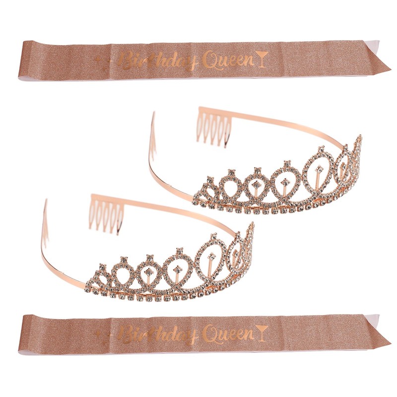 2 Sets Bridal Sash Rhinestone Tiara Kit Shiny Rose Gold