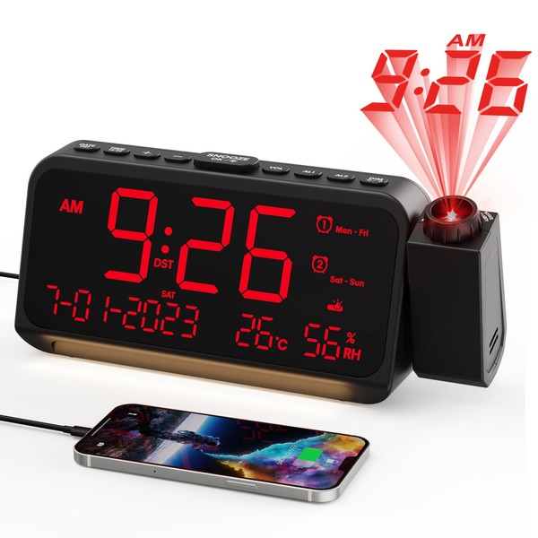 Projection Alarm Clock, Digital Clock with 320°Rotatable Projector on Bedroom