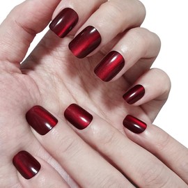 Press on Nails Square, Red Shimmery Fake Nail, Kit of 24 False Nails, 24 Adhesive Tabs and Tools