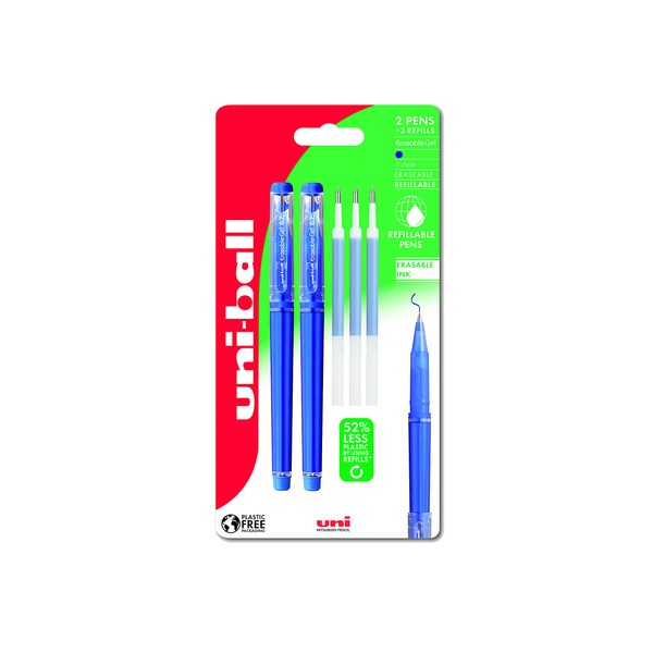 uni-ball UF-222-07 Erasable Rollerball Gel Pens. Premium 0.7mm Ballpoint Tip for Super Smooth Writing, Drawing & Colouring. Easy-Retract Eraser for Secure and Stable Rubbing Out. 2 + 3 Refills Blue