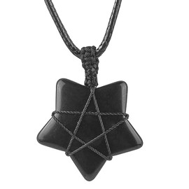 Neyisaa Natural Stone Five Star Pendant Necklace for Women Men, Hand Made Crystal Point Healing Chaka Reiki Amulet Adjustable 17-30 Inches, Black Obsidian