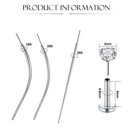 WillTen 4Pcs Curved Piercing Taper Labret Insertion Tool, Flat Back Earring Nose Piercing Applicator Tool, Ear Stretching Kit Labret Helix Cartilage Threadless Insertion Pin 18g 20g