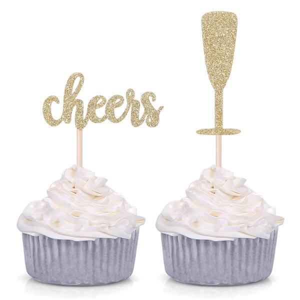 Pack of 24 Gold Glitter Cheers and Champagne Glasses Cupcake Toppers for Baby Shower Wedding Engagement Celerating Party Decorations