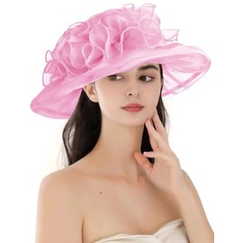 RZTA Women's Kentucky Derby Church Dress Hat Wide Brim Leaf Flower Bridal Shower Hat G1-Pink