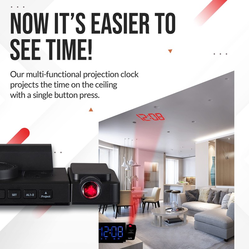 Projection Alarm Clock, Digital LED Clock Radio with 360° Projector,