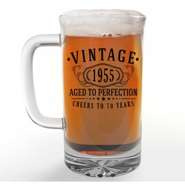 Vintage 1955 Black Printed 16oz Glass Beer Mug Stein – Happy 70th Birthday Gifts for Men Women, Cheers to 70 Years, Turning 70 Man Decorations Decor, Anniversary Bday Party Favors, Gift Ideas Him 1.0