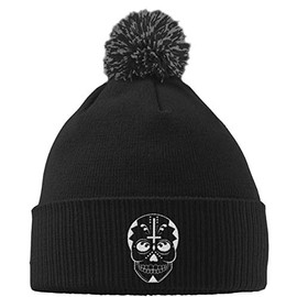 Hippowarehouse Day of The Dead Skull 2 Embroidered Beanie Hat with Bobble Black