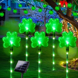 5 Pack St. Patrick's Day Solar Pathway Lights Outdoor - Green LED Shamrock Landscape Stake Lights, Waterproof Solar Powered Plug-in Lawn & Garden Decor for Yard, Walkway, Irish Party Decorations