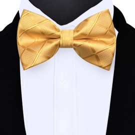 Gusleson Gold Bow Tie Pocket Square Set for Men Pre-Tied Solid Plaid Bowties Handkerchief Cufflinks for Wedding Party (UK0494-10)