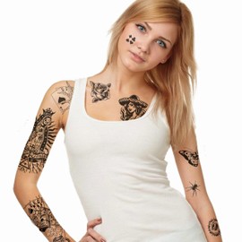 Cholo Tattoos Temporary for Adults, 8 Sheets 180+ Large Fake Tattoos, Chicana, Guadalupe, Gangster, Prisoner, Mexico, Chicano Party Decorations, Cholo Clothes, Tatuajes Temporales para Hombres D1