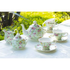 Grace's Teaware Grace Teaware Blue Cottage Rose Chintz Fine Porcelain 11-Piece Tea Set