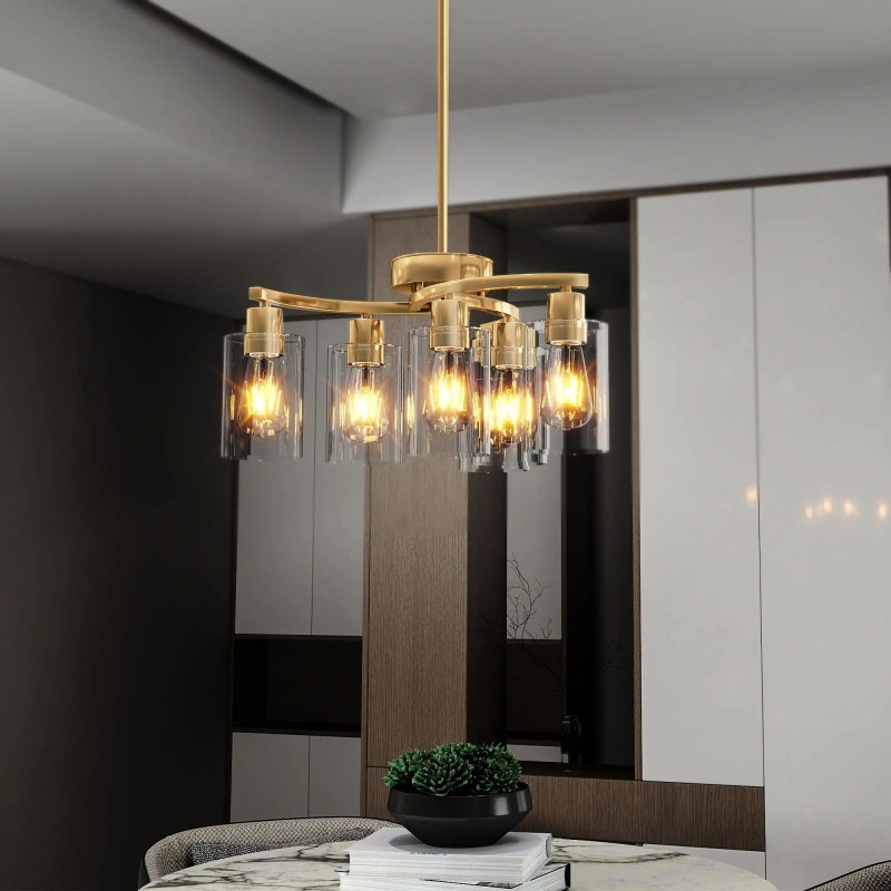 Modern Gold Iron Pendant Light 6-Light Clear Glass Shade Round