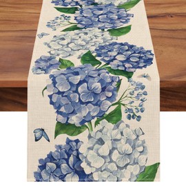 Seliem Spring Hydrangea Floral Flowers Table Runner, Blue Butterfly Kitchen Dining Table Decor, Seasonal Summer Burlap Home Decoration Indoor Outdoor Party Supply 13 x 36 Inches