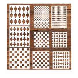 9Pcs Checks Diamond Stencils, Harlequin Checkerboard Stencils Assorted Sizes Square Diamond Shape Templates Reusable Diamond Checks Stencil for Painting on Wood Furniture Pillows Wall DIY Craft