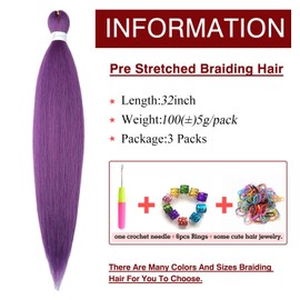 Purple Braiding Hair Pre Stretched 32inch 3 Packs Braiding hair Extensions Synthetic Crochet Braids, Hot Water Setting Professional Soft Yaki Texture. (32inch(3Packs),Lavender#)